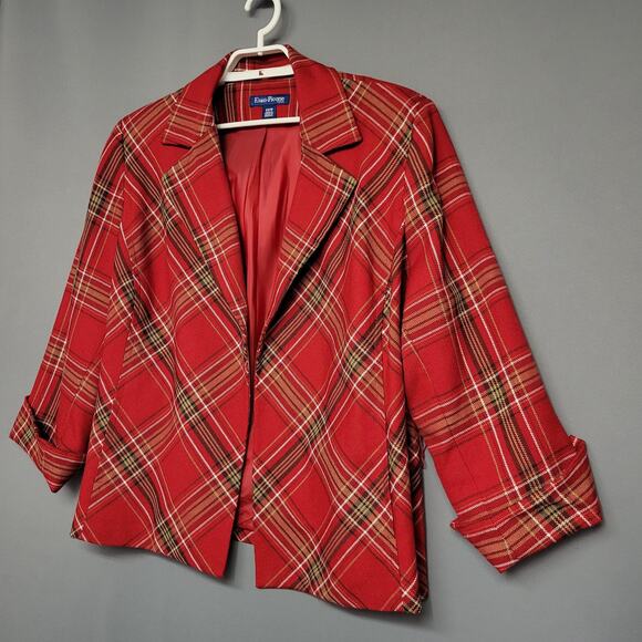 Evan- Picone Woman Plaid Light Tweed Jacket Womens 22W Red Open Front 3/4 Sleeve - Picture 2 of 14